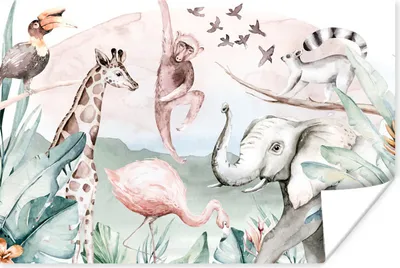 Produktbild von MuchoWow® Poster Dschungel - Tiere - Aquarell - Jungen - Mädchen - Kinder - Kinder 60x40 cm - Schlafzimmerdekoration