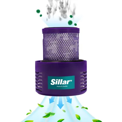 A purple air filter with a mesh insert is shown with air flow depicted entering from the bottom and exiting from the top with gray smoke and green particles.