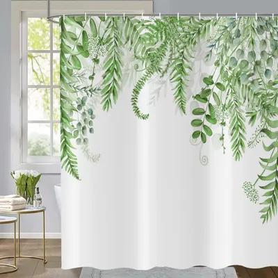 Produktbild von Eukalyptusgrüner Duschvorhang 180x200 cm, wasserdichter Badevorhang mit grünen Eukalyptusblättern für die Badewanne, inklusive 12 Haken