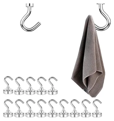 Produktbild von 15 Stück Magnethaken mit Haken, 16 mm kleine Magnethaken, abnehmbar, silberfarben, zum Aufhängen von Handtüchern, Regenschirmen und Hüten
