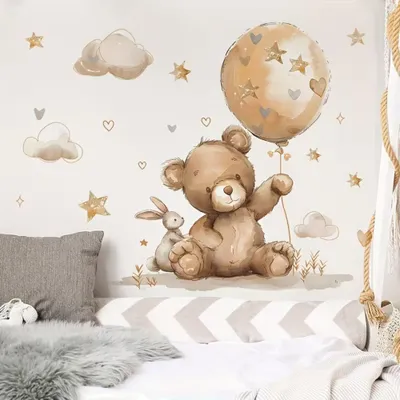 Produktbild von Teddybär Hase Ballon Wandsticker Babyzimmer Wandtattoo mit Wolken Sterne Kinderzimmer Wanddeko selbstklebend 40x60cm