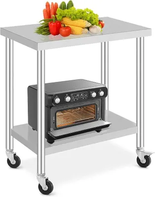 Imagen del producto de Mesa de trabajo de acero inoxidable para la preparación de alimentos, con altura ajustable en 3 niveles, 4 ruedas giratorias (2 con freno), dimensiones 76x46 cm, ideal para cocinas profesionales, restaurantes y servicios de catering