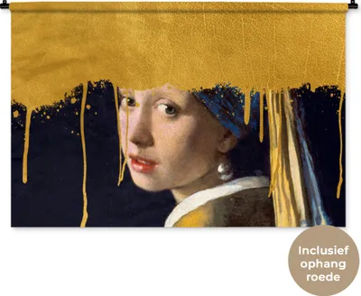 Produktbild von MuchoWow® Wandteppich Wandbehang Mädchen mit einem Perlenohrring - Gold - Vermeer 150x100 cm Tapisserie Dekoration Wandtuch - Waschbar - Tapisserien - Wand-Decke