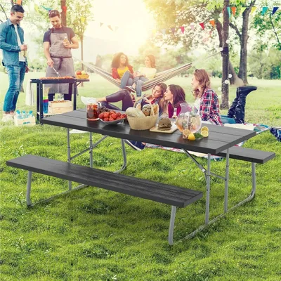 Immagine prodotto di Panca pieghevole per birra - Set per tenda da birra - Tavolo da picnic - Panchina da giardino - Tavolo per feste - Colore nero - Piano in HDPE effetto legno