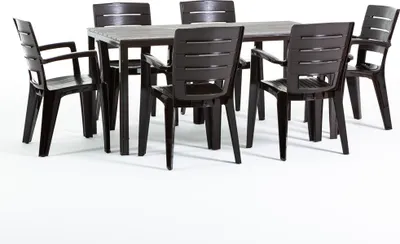 Image de Set de salle à manger d'extérieur avec table rectangulaire 156x78 cm et 6 chaises empilables en résine - design moderne imitation bois, idéal pour le jardin, la terrasse et les espaces extérieurs couverts - robuste, élégant et fonctionnel - THOMAS+ANITA - Moka