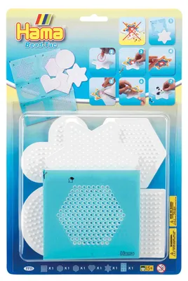 Produktbild von Hama Perlen 7711 Kleine Stiftplatten 5er Set für Midi-Perlen mit Durchmesser 5 mm, Motive Viereck, Kreis, Herz, Stern und Sechseck, weiß inkl. Haftfolie, kreativer Bastelspaß für Groß und Klein