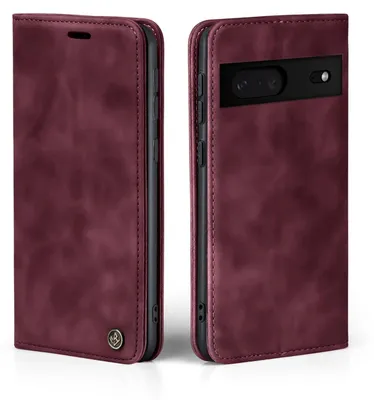 A burgundy flip case for a Google Pixel 7 phone is shown from two angles.