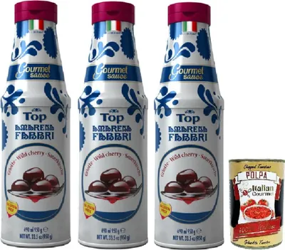 Produktbild von Fabbri top amarena, Gourmet Sauce Topping Amarena Schwarze Kirsche Süß-saure Kirschsauce zum Garnieren und Überziehen von Eis und Desserts 3x 950g + Italian Gourmet polpa 400g