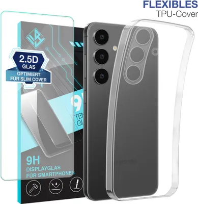 Produktbild von Handyhülle für Samsung Galaxy S25 FE mit 9H Displayglas Displayschutz Hülle Transparent Flexibel Elastisch Case Cover Backcover Schutzhülle
