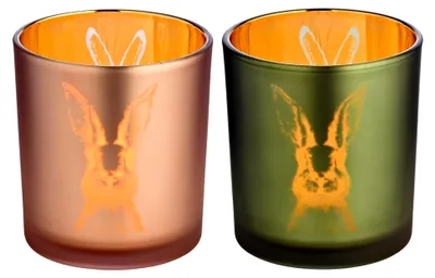 Produktbild von 2er-Set Teelichtglas Windlicht Hase, Höhe 8 cm, Durchmesser 7 cm, Deko für Ostern (1 grün, 1 rosa)