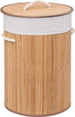 A round bamboo laundry basket with a fabric liner and lid.
