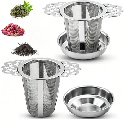Produktbild von Teesieb – 2-teilig – Edelstahl-Teefilter – Mit Griff und Abtropfschale – Teefilter für frischen Tee – Tee-Ei – BPA-frei – Doppelgriff-Sieb