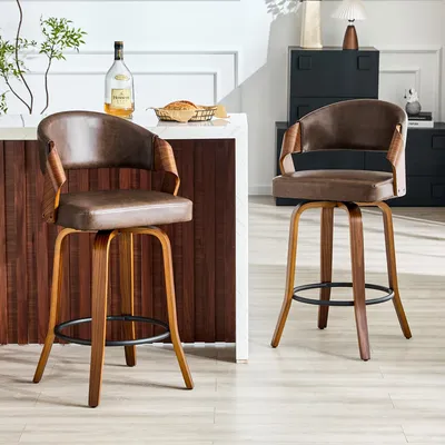Obrázok produktu pre Sada dvoch barových stoličiek, s opierkou, drevená konštrukcia, potiahnuté PU, výška 95 cm (hnedá)