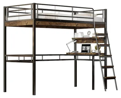 Zdjęcie produktu dla Czarny łóżko piętrowe - metalowa konstrukcja - zintegrowany biurko - półki do przechowywania - barierki ochronne - drabinka - wymiary 90 x 200 cm - bez materaca