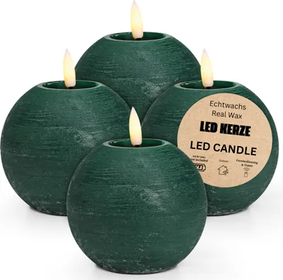 Produktbild von LED Kerze Kugeln 4er Set Wachs, Flackernde Flamme, Ø 10x9, Grün