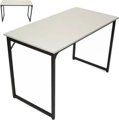 A white desk with black metal legs is shown against a white background. A smaller, similar desk is visible in the upper left corner.