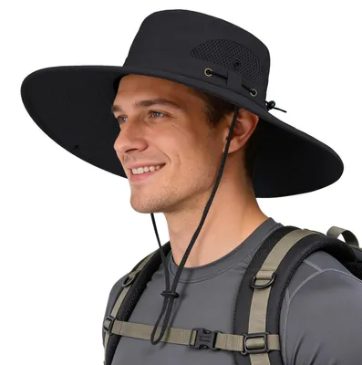 Produktbild von Sonnenhut Herren mit breiter Krempe, wasserdicht, faltbar, Mesh, verstellbarer Kinnriemen, Schwarz