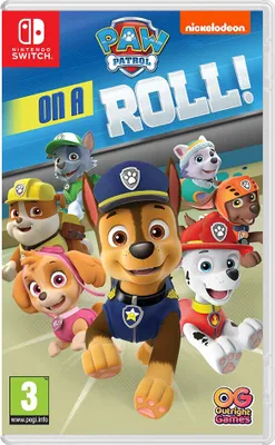 The image shows the Nintendo Switch game case for Paw Patrol On A Roll, featuring the main characters of the Paw Patrol.