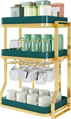 Produktbild von Heikoeco® Tassenhalter stehend,weinglashalter hängend, mit Weinglashaltern und Tabletts ausgestattet (3 Ebene, Grün und Gold)