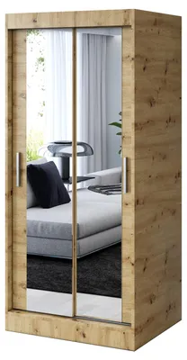 Produktbild von Kleiderschrank Artisan Eiche - 90x200cm - Schiebetürenschrank KARL - mit 2 Spiegeln - für Schlafzimmer & Garderobe