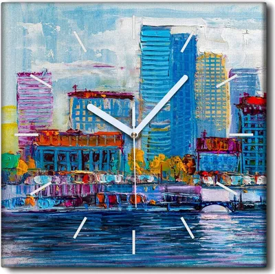 Produktbild von Coloray Uhr auf Leinwand 30x30 cm Wand Uhr Dekoration Wohnzimmer Segeltuch weiße Zeiger -Abstraktionsstadt