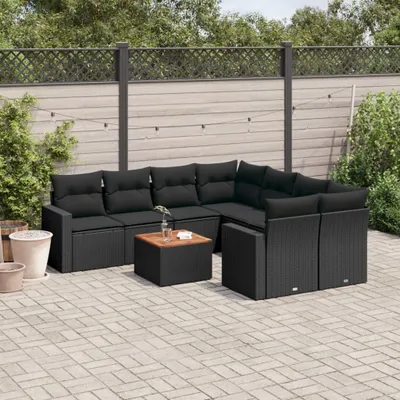 Produktbild von Design 9-tlg. Garten-Sofagarnitur mit Kissen Schwarz Poly Rattan, Gartenmöbel-Sets 2024 Neu