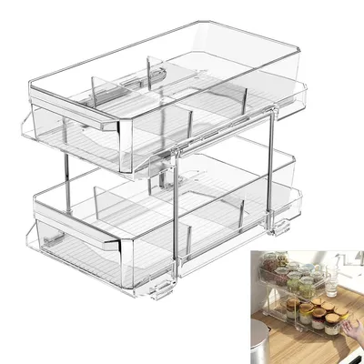 Produktbild von Küchen Organizer mit Schublade, 2 Etagen Acryl Regal, Ausziehbares Gewürzregal für Vorratsdosen, Bad, Kosmetik,32×18,5×23cm