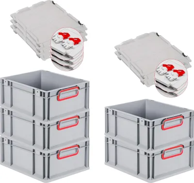 Produktbild von SuperSparSet 5x Eurobox NextGen Color mit Scharnierdeckel und Schiebeschnappverschlüssen | HxBxT 17x30x40cm | 16 Liter | Grau | Griffe rot geschlossen | Glatter Boden | Eurobehälter, Transportbox, Transportbehälter, Stapelbehälter