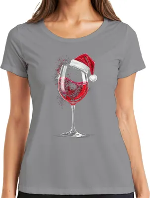 Produktbild von Weinglas Weihnachtsmütze Rotwein Weihnachten Geschenk Weinparty Damen T-Shirt, Grau, XXL