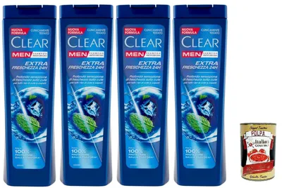 Produktbild von Clear Extra Freschezza 24H Men Shampoo für alle Haar- und Kopfhauttypen - Extra Frische Shampoo 4x 225ml + Italian Gourmet polpa 400g