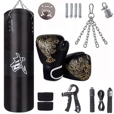 Productafbeelding van Bokszak - 100 cm - Met handschoenen en bandages - Draaibare ketting