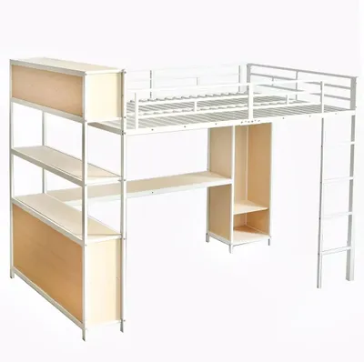 Obrázek produktu pro Dvoulůžko 140 x 200 cm – patrová postel se stolem – úložný prostor – vestavěná skříň – konstrukce z kovu a dřevotřískové desky – bílá barva