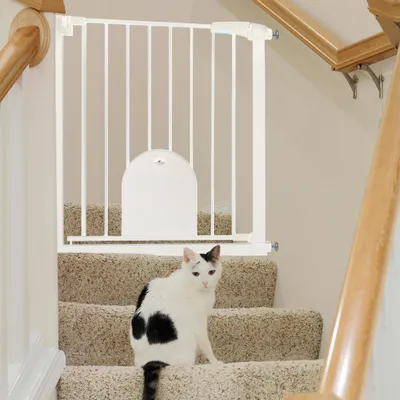 Produktbild von YZNAHRE Treppenschutzgitter mit katzenklappe Ohne Bohren 75-85cm Breiten Treppengitter mit Tür 180° Doppeltür Metall Gitter Hund, Weiß
