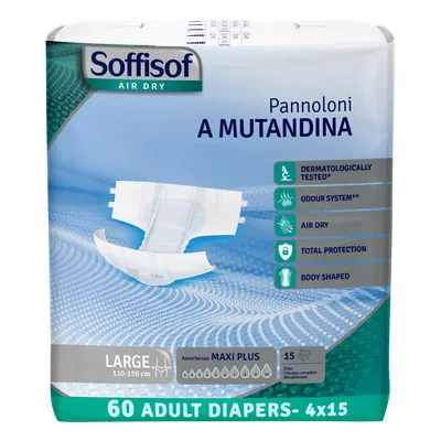 Zdjęcie produktu dla Soffisof Air Dry pieluchy dla dorosłych Maxi Plus L – 60x majtki na nietrzymanie moczu – 4 opakowania po 15 pieluchomajtek, 10 kropli – Pieluchomajtki