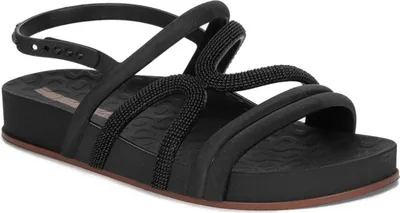 A studio shot of a black sandal.