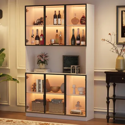 Produktbild von Merax Vitrine Wohnzimmerschrank mit 6 separaten Türen, Hochschrank mit LED-Beleuchtung, Glasvitrine mit Soft-Close-Scharnieren, Weiß