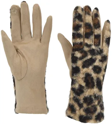 Produktbild von styleBREAKER Damen Touchscreen Handschuhe mit Leoparden Muster und Teddyplüsch | Warme Winter Fingerhandschuhe | Weiche Smartphone Handschuhe