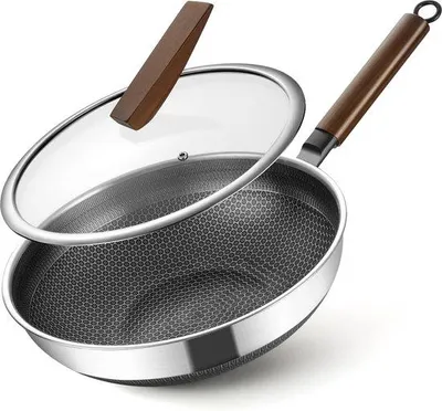 Immagine prodotto di Wok antiaderente in acciaio inossidabile da 32 cm, adatto all'induzione e lavabile in lavastoviglie, con coperchio in vetro