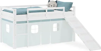 Image de Lit superposé 90x200 cm avec Toboggan Lit mezzanine en Bois Pin Massif Lit d'enfant Cadre de Lit Rideau Vert