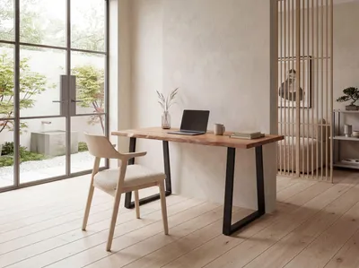 Produktbild von FineBuy Schreibtisch 200 cm Akazie Massivholz Metall Computertisch Baumkante Homeoffice Bürotisch Massiv Trapezbeine in Schwarz Holztisch Laptoptisch