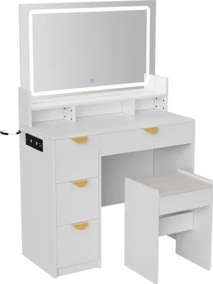 Image de Coiffeuse avec miroir - Éclairage LED à intensité réglable - Quatre tiroirs - En bois - Avec tabouret - Design moderne