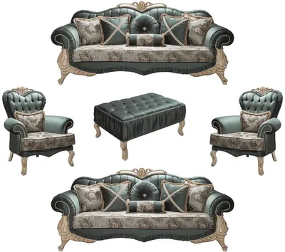 Produktbild von Casa Padrino Luxus Barock Wohnzimmer Set Grün / Creme / Beige - 2 Sofas & 2 Sessel & 1 Couchtisch - Wohnzimmer Möbel im Barockstil - Edel & Prunkvoll