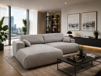 Produktbild von KSHOMECONCEPT Ecksofa Luna L links mit Schlaffunktion und Bettkasten Creme Cord, KI-generiertes Bild