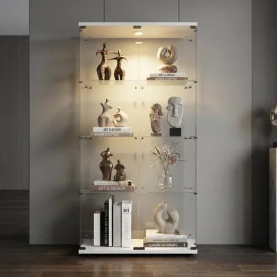 Immagine prodotto di Vetrina espositiva con illuminazione a LED, 2 ante, 4 ripiani, vetro, colore bianco, dimensioni 164x80x36,5 cm