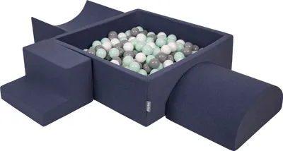 Produktbild von KiddyMoon spielplatz aus schaumstoff mit quadrat bällebad (200 bälle) ballgruben für babys spielbad hindernisläufen, hergestellt in der eu, dunkelblau:weiß/grau/minze