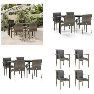 Produktbild von vidaXL 5 tlg. Garten Essgruppe mit Kissen Schwarz und Grau Poly Rattan - Garten Essgruppe - Garten Essgruppen - Essgruppe - Essgruppe Terrasse