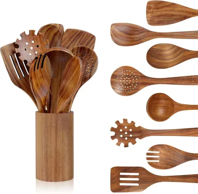 Produktbild von Kochlöffel 9 Stück, mit Halter, Teakholz, hitzebeständig, für Kochen