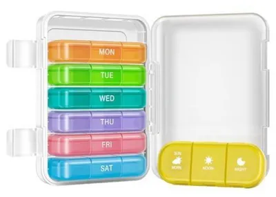 Image de Boîte à comprimés pour 7 jours, avec compartiments pour le matin, le midi et le soir, portable, étanche, robuste, transparente et avec effet arc-en-ciel
