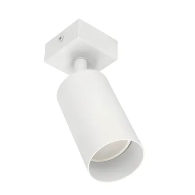 A white cylinder spotlight mounted on a square base, angled slightly.