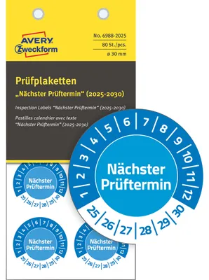 Produktbild von Avery Zweckform 6988-2025, Prüfplaketten, ? 30 mm, 10 Bögen, blau